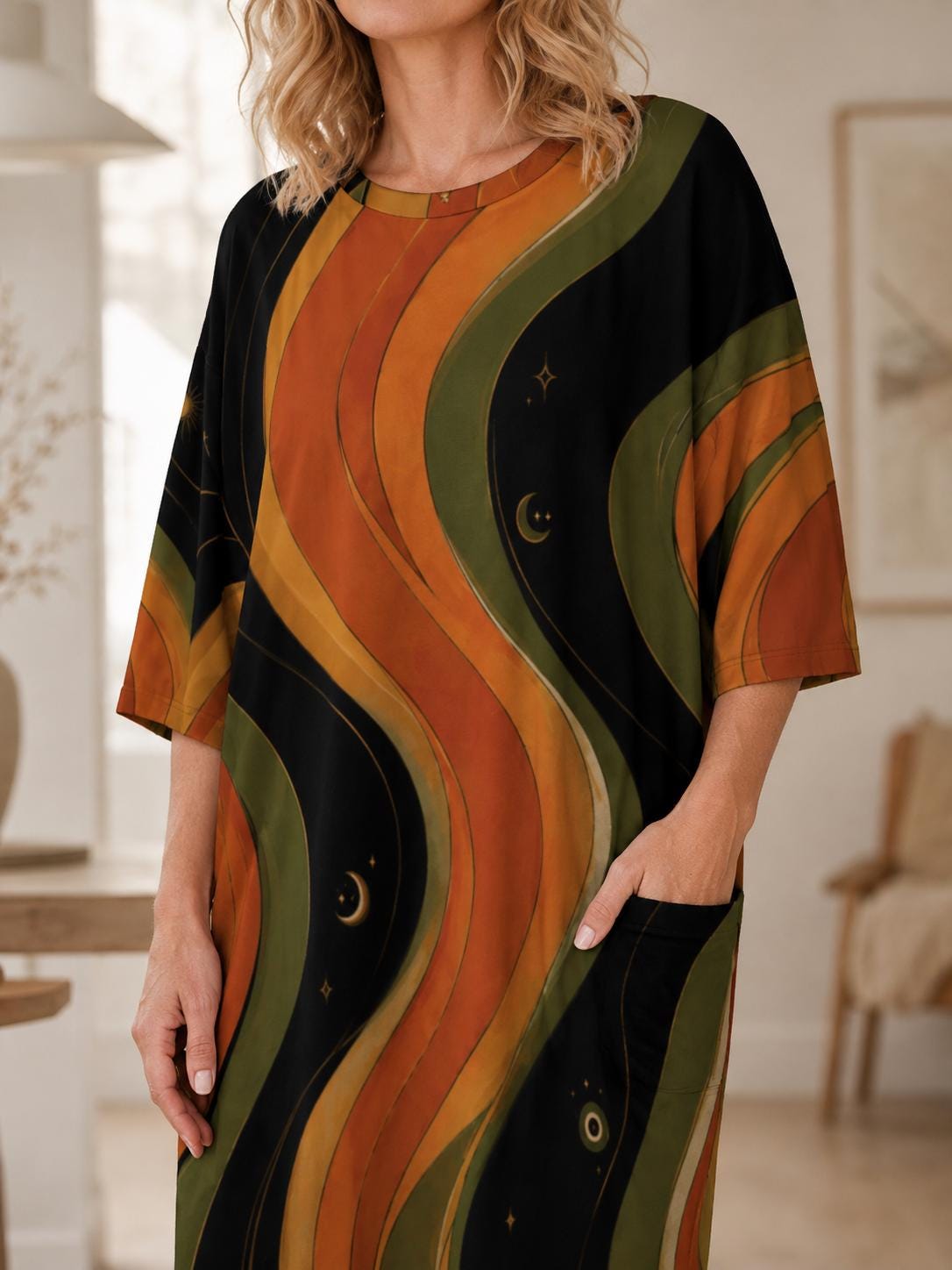 May include: A short-sleeved dress featuring a repeating pattern of flowing, wavy vertical stripes in shades of black, olive green, and burnt orange. The garment includes a round neckline and a functional pocket on the front right side.
