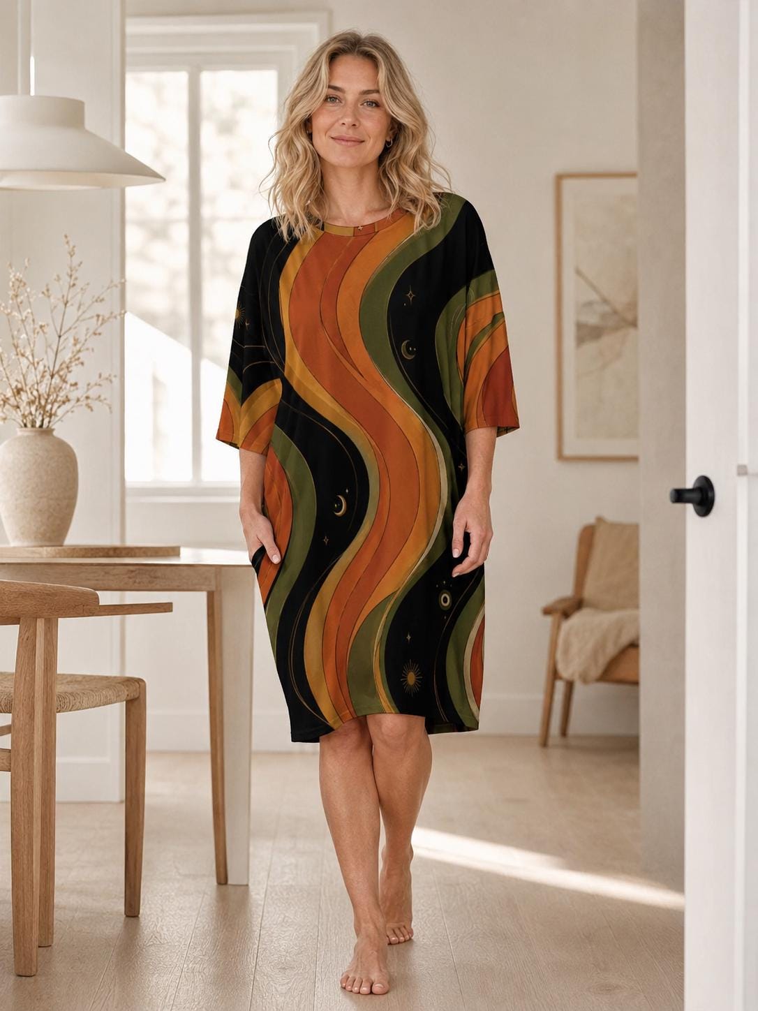 May include: A knee-length dress with elbow-length sleeves featuring a wavy, vertical pattern in shades of black, olive green, and burnt orange. The fabric is decorated with small celestial motifs, including stars, suns, and crescent moons.