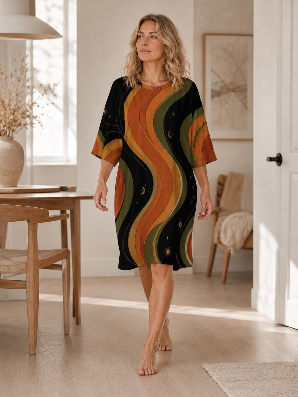 May include: A knee-length t-shirt dress featuring a black background with vertical, wavy stripes in shades of orange, mustard yellow, and olive green. The pattern includes small, scattered celestial motifs like stars and crescent moons throughout.