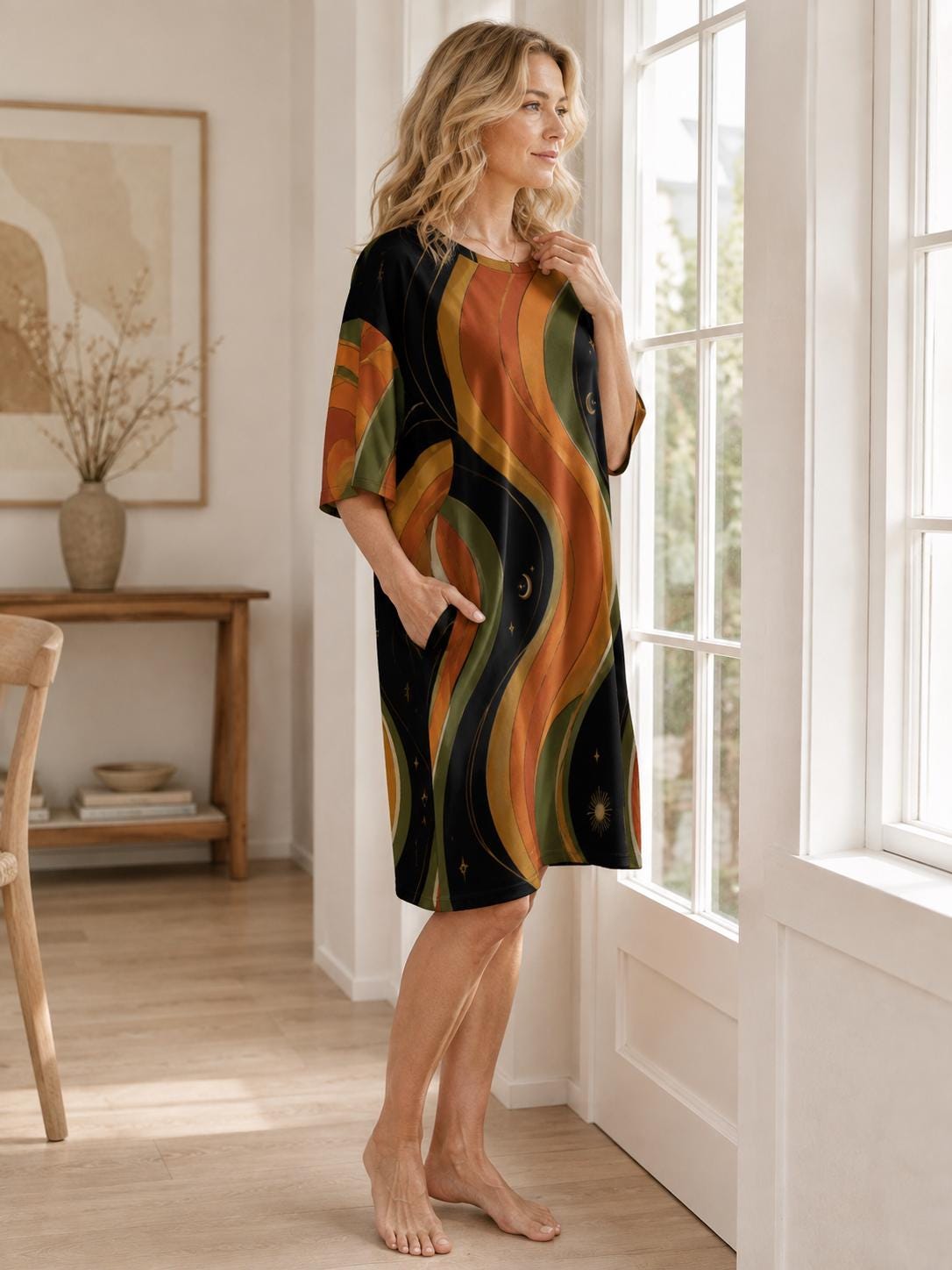 May include: A knee-length shift dress featuring a black base with flowing, wavy vertical stripes in shades of burnt orange, mustard yellow, and olive green, accented with small celestial star and moon motifs, short sleeves, and side pockets.