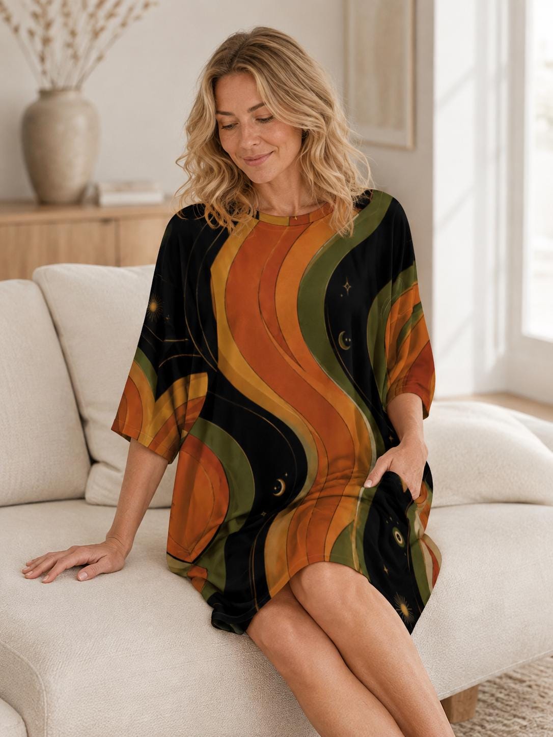 May include: A loose-fitting short-sleeved dress featuring a black background with wavy vertical stripes in shades of orange, yellow, and olive green. The fabric pattern includes small celestial motifs like stars and crescent moons throughout the design.