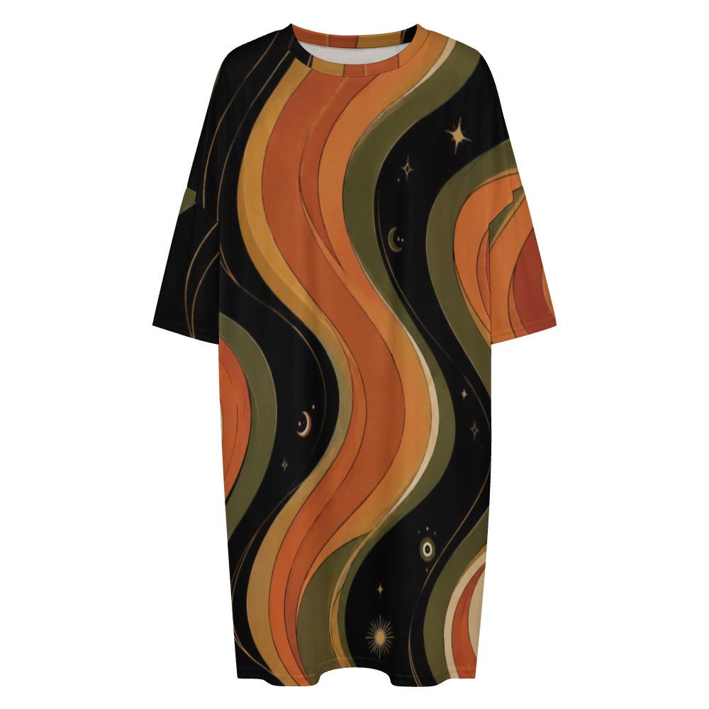 Retro 70s Wave Print Nightgown with Pockets, Oversized Loungewear Sleep Shirt