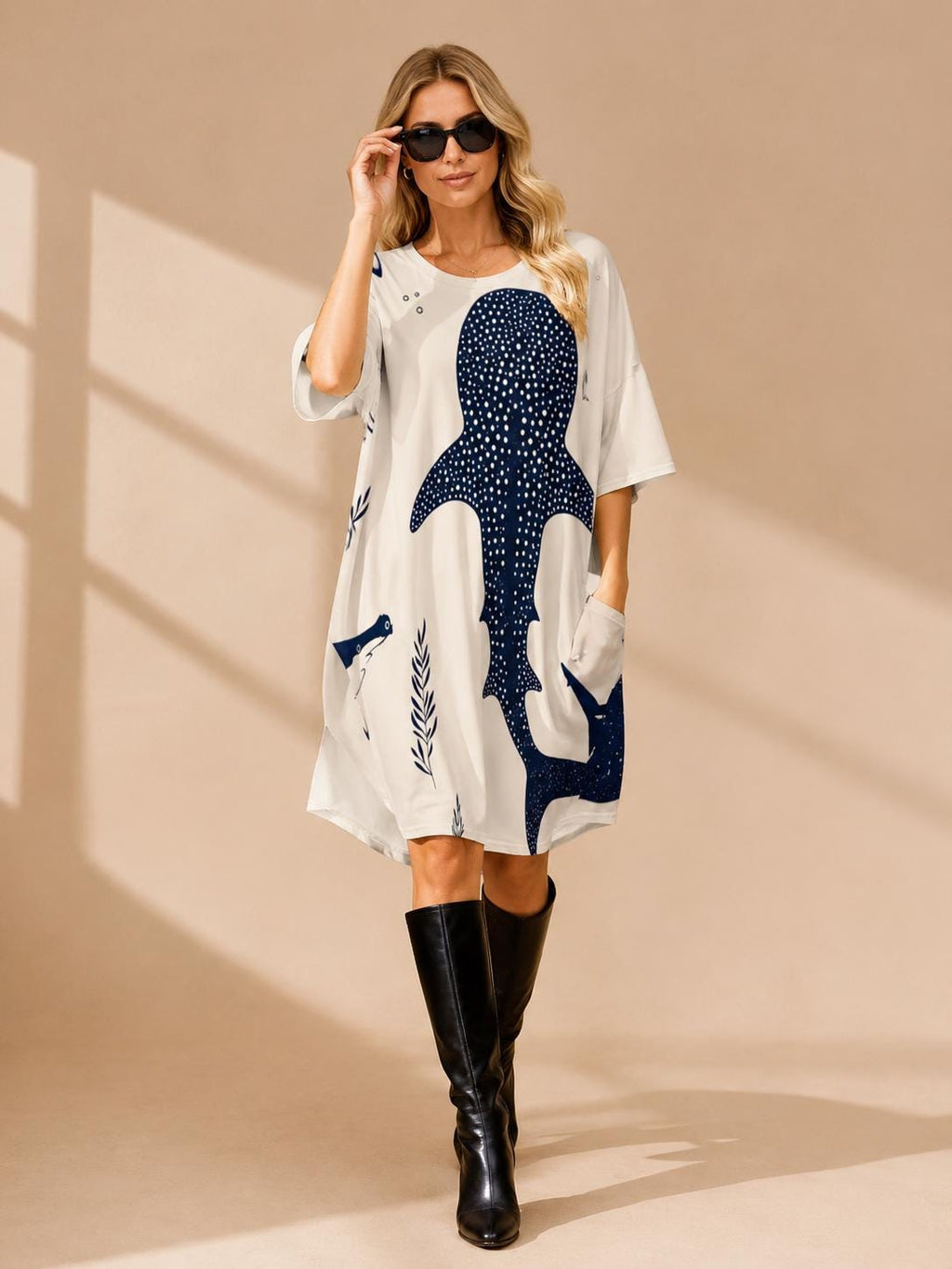 Whale Shark Print Oversized T-Shirt Dress with Pockets, Coastal Ocean Style