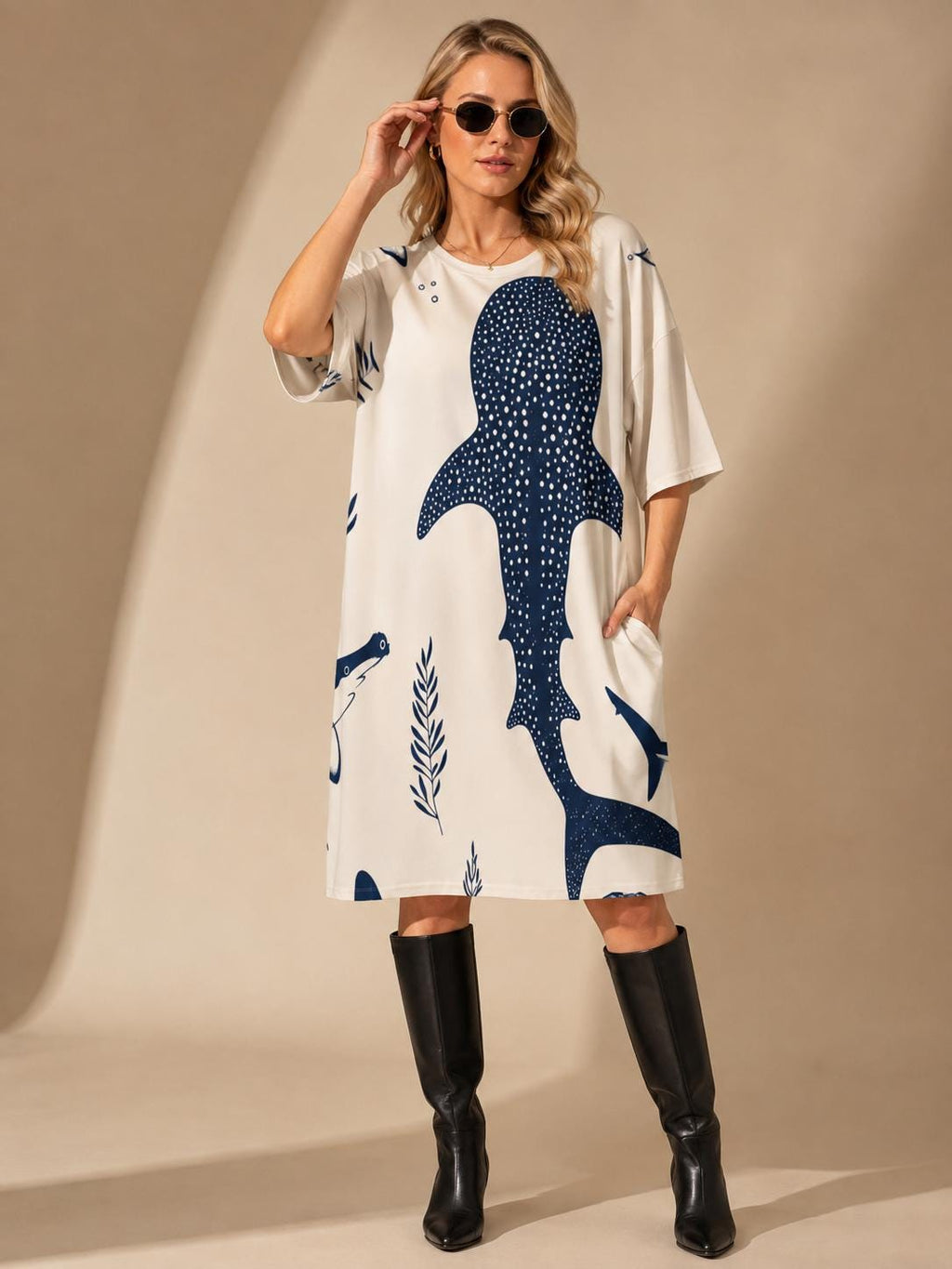 Whale Shark Print Oversized T-Shirt Dress with Pockets, Coastal Ocean Style