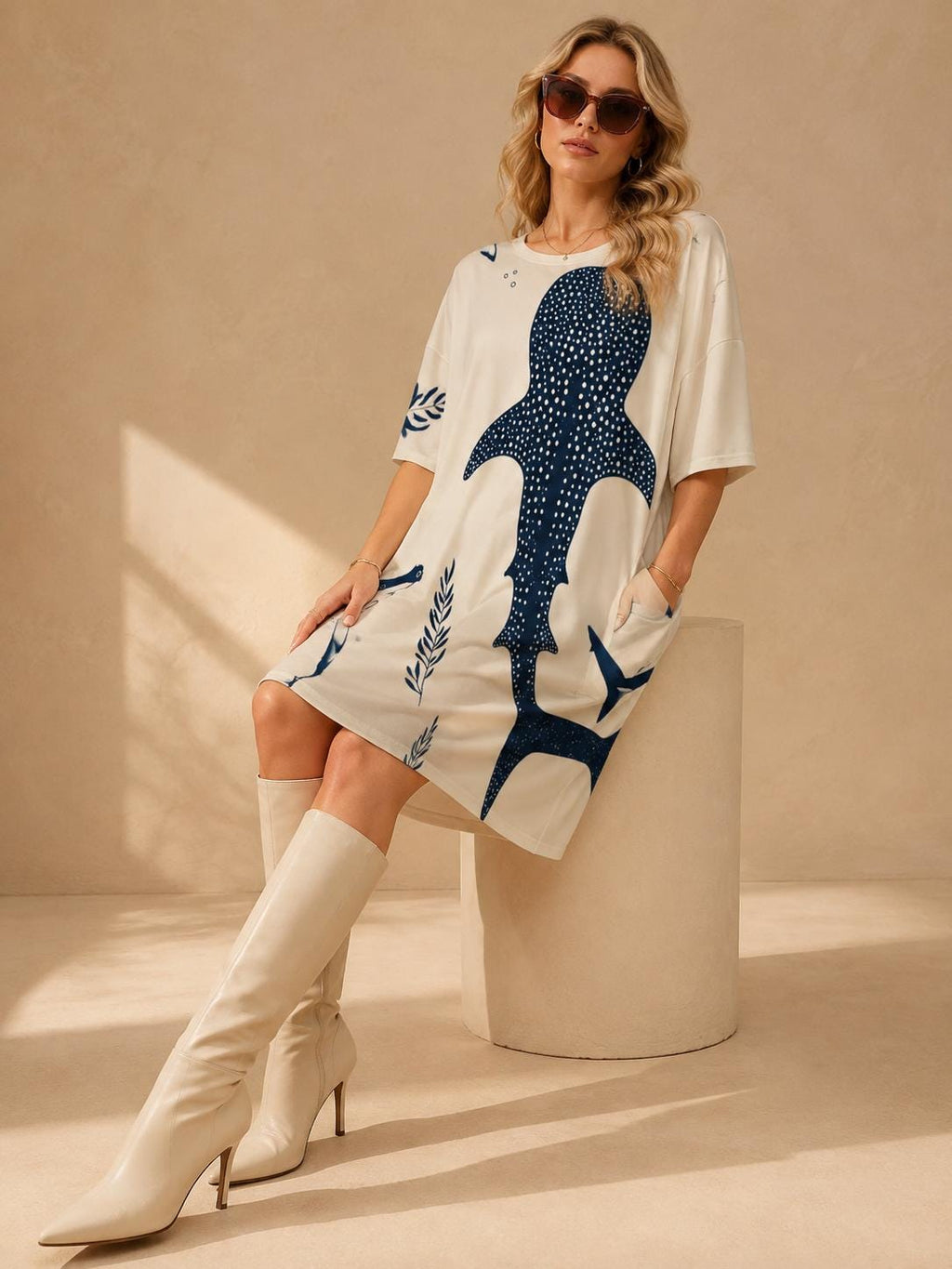 Whale Shark Print Oversized T-Shirt Dress with Pockets, Coastal Ocean Style