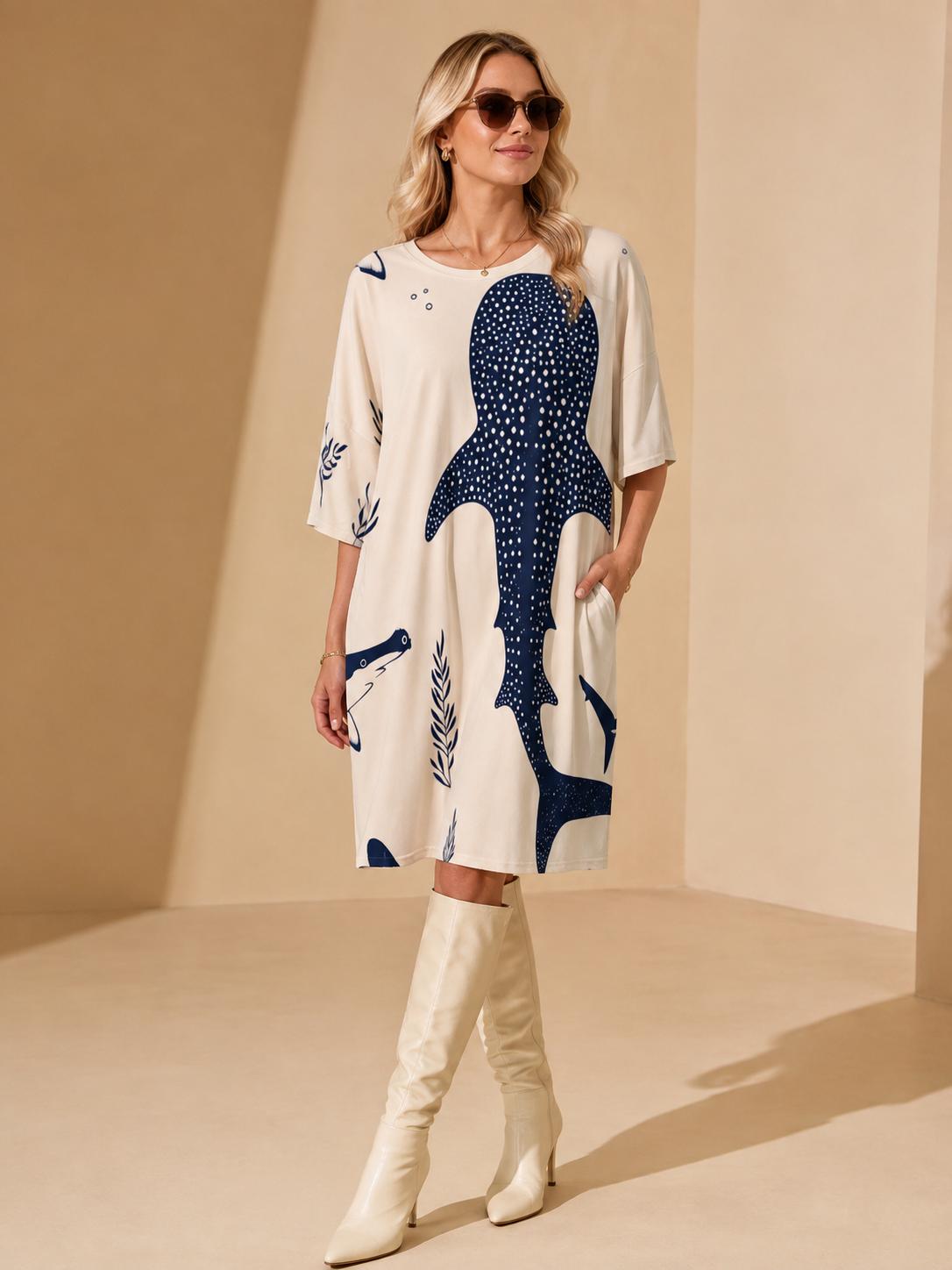 Whale Shark Print Oversized T-Shirt Dress with Pockets, Coastal Ocean Style