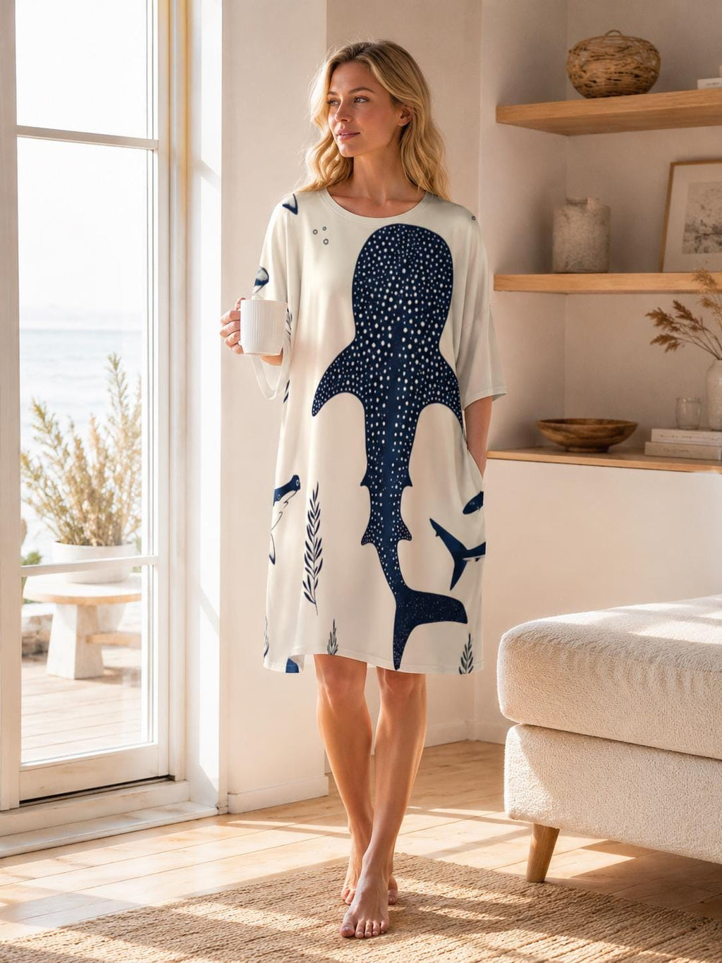 Whale Shark Print Oversized T-Shirt Dress with Pockets, Coastal Ocean Style
