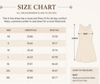 May include: A size chart for an A-line dress with measurements in inches. The table lists sizes XS through 3XL with corresponding length and bust measurements. A diagram shows how to measure the length and bust of the dress for accurate sizing.