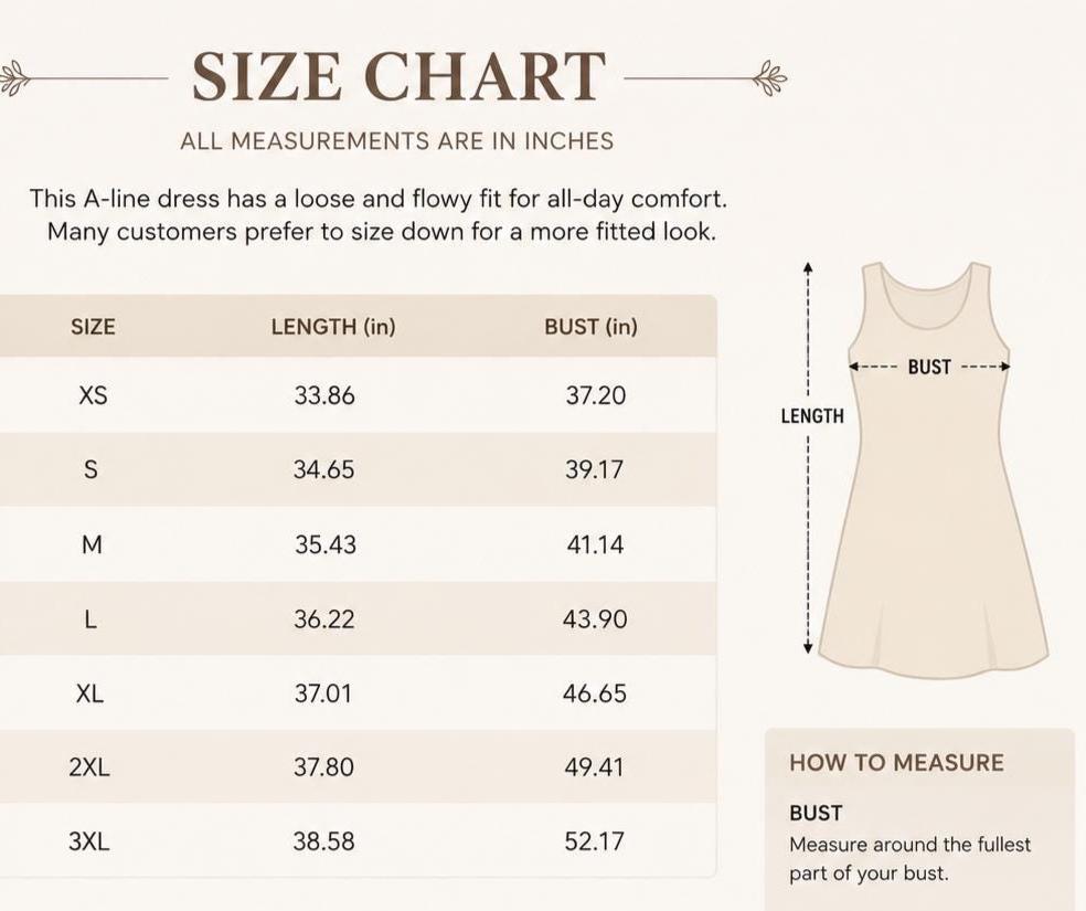 May include: A size chart for an A-line dress with measurements in inches. The table lists sizes XS through 3XL with corresponding length and bust measurements. A diagram shows how to measure the length and bust of the dress for accurate sizing.