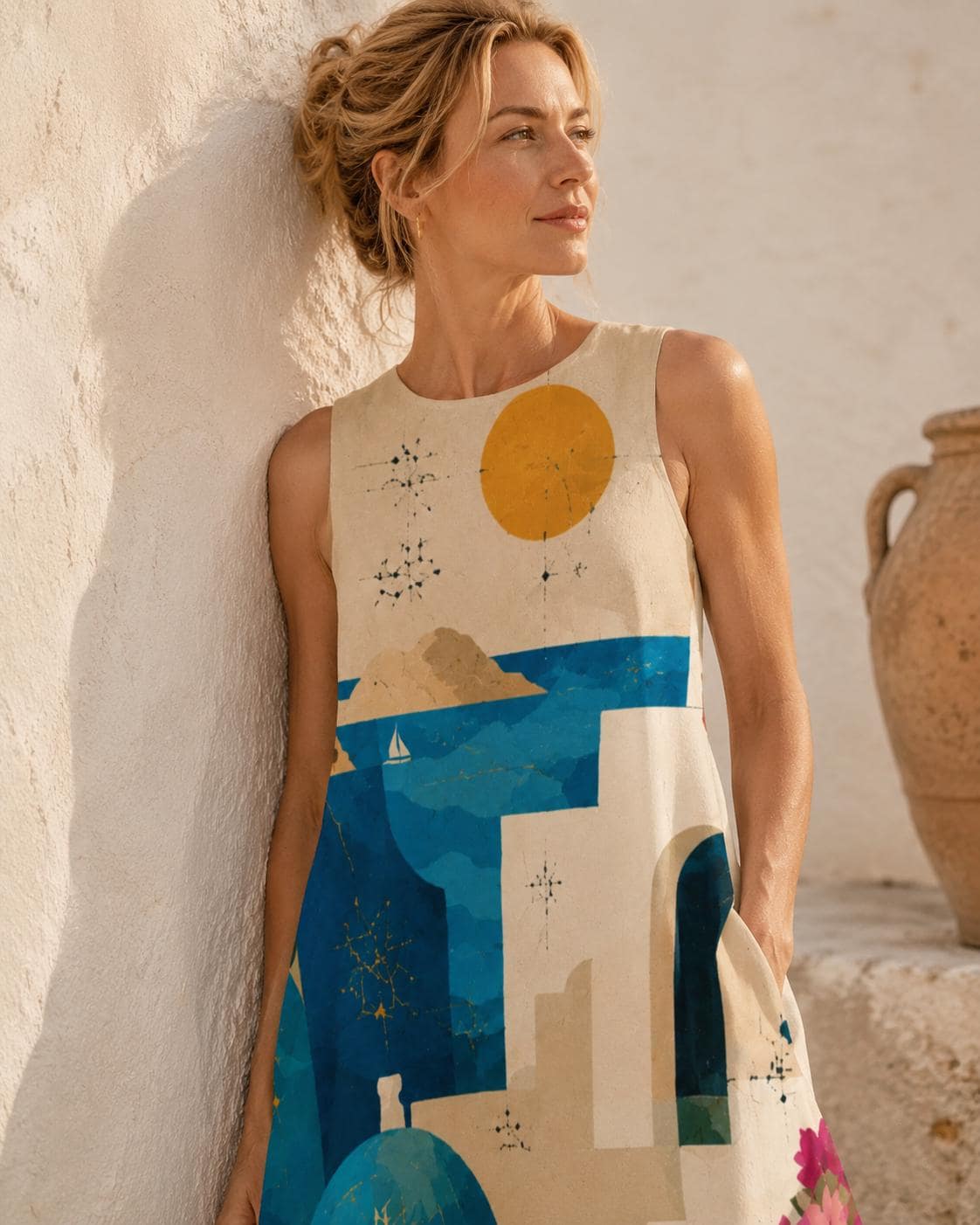 May include: A sleeveless beige dress featuring a graphic print of a coastal landscape with a yellow sun, blue sea, white buildings, and a small sailboat. The design includes dark blue architectural arches and scattered star-like constellations.