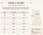 May include: A size chart for an A-line dress with text reading SIZE CHART, ALL MEASUREMENTS ARE IN INCHES, and HOW TO MEASURE. A table lists sizes XS through 3XL with corresponding length and bust measurements in inches, alongside a dress illustration.