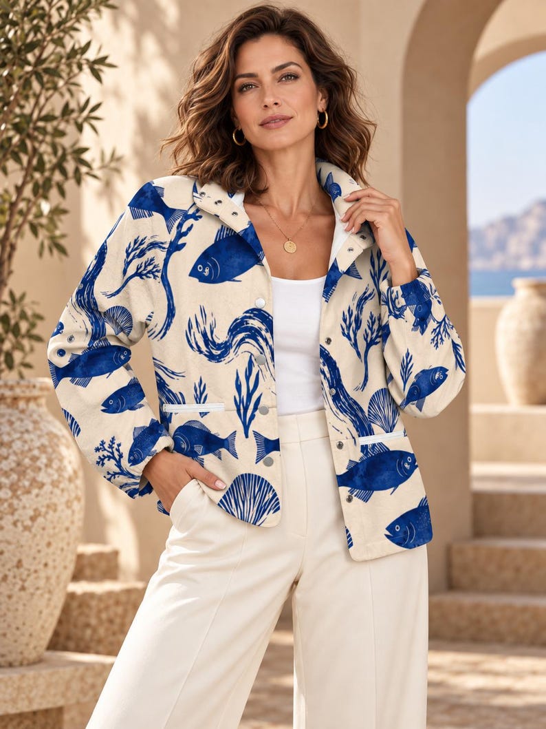 Women’s Mediterranean Fish Print Fleece Jacket front view