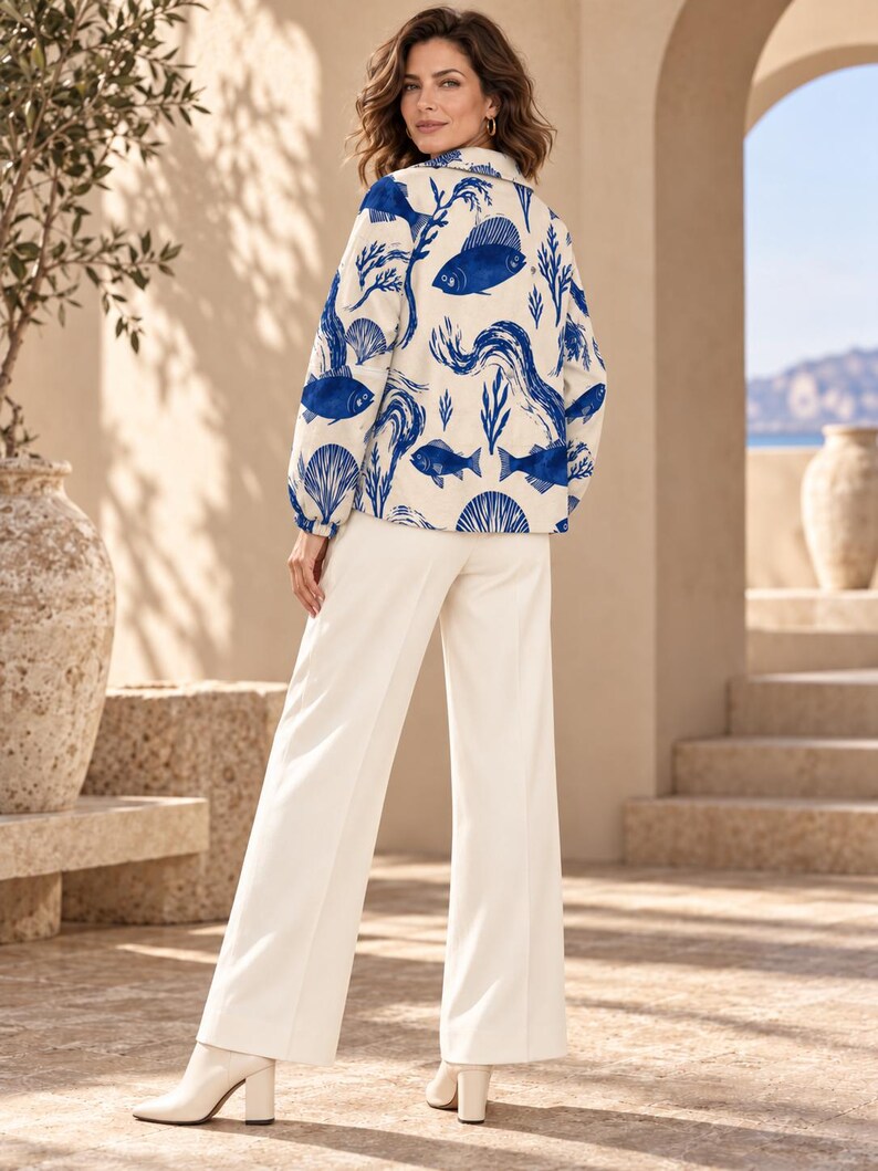 Women’s Mediterranean Fish Print Fleece Jacket styling view