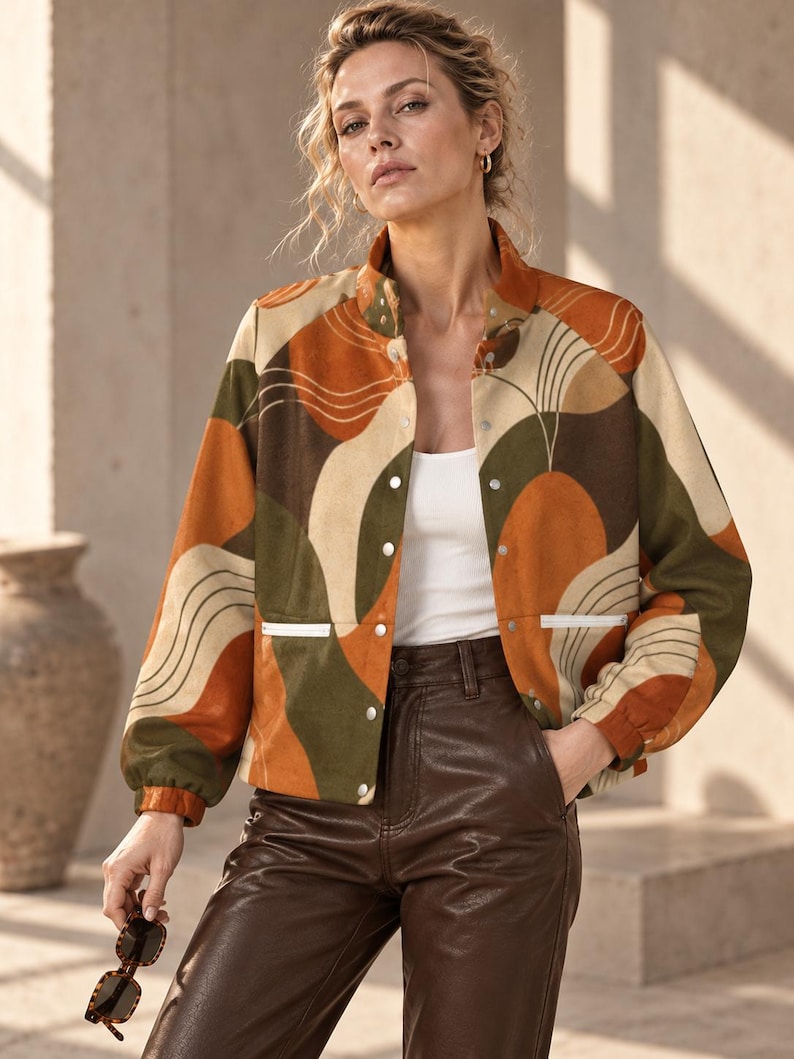 Women’s Retro Abstract Fleece Jacket front view