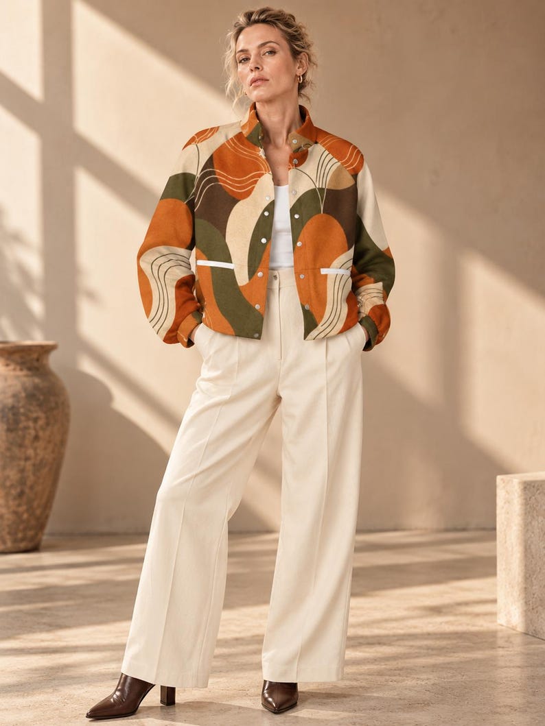 Women’s Retro Abstract Fleece Jacket detail view