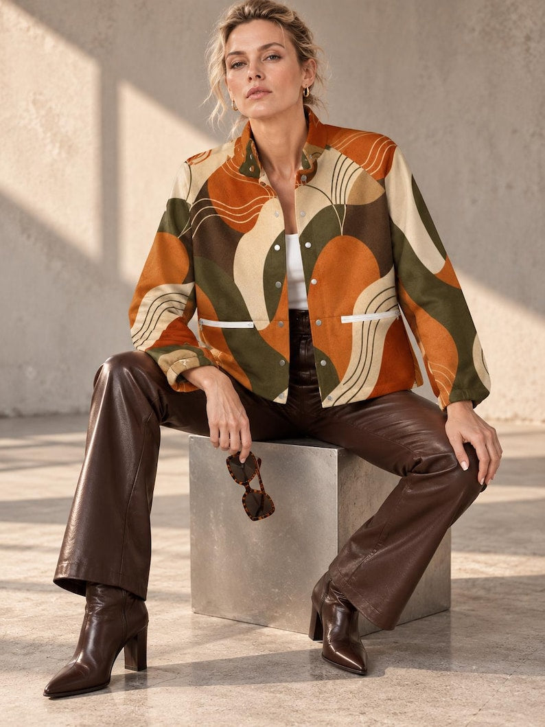 Women’s Retro Abstract Fleece Jacket fit view