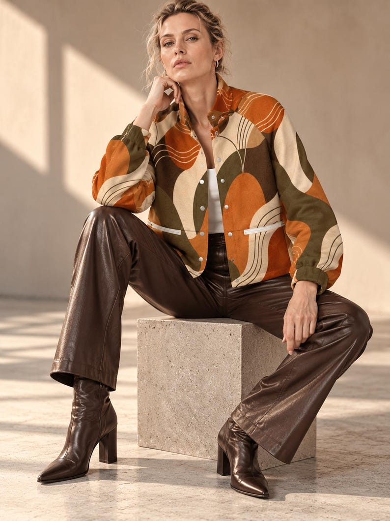 Women’s Retro Abstract Fleece Jacket close-up