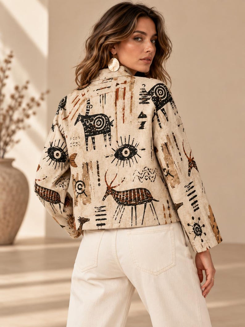 Women’s Folk Art Animal Print Jacket styling view