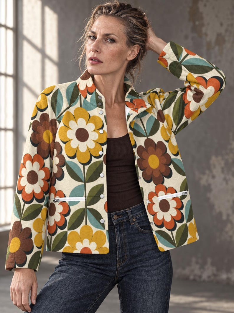 Women’s Retro Floral Jacket mustard and rust front view