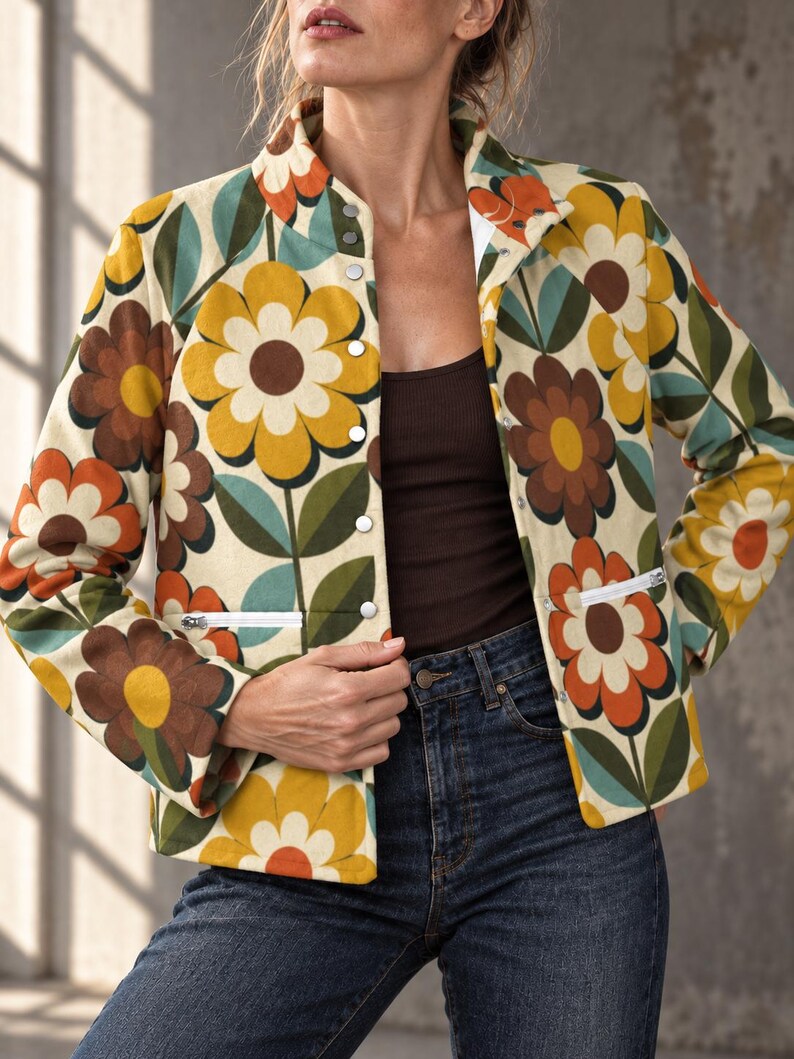 Women’s Retro Floral Jacket mustard and rust detail view