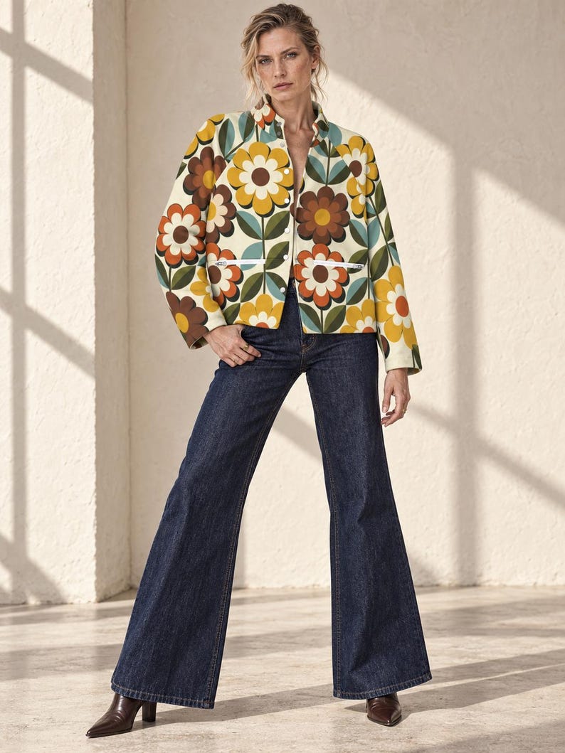 Women’s Retro Floral Jacket mustard and rust fit view