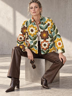 Women’s Retro Floral Jacket mustard and rust close-up