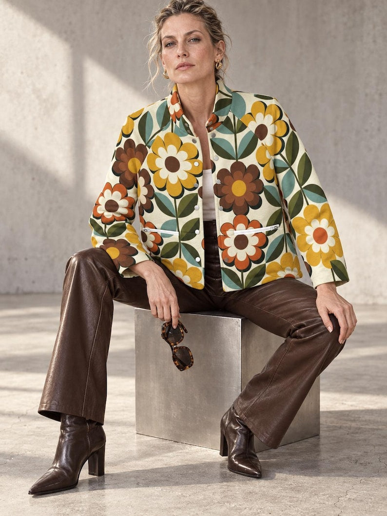 Women’s Retro Floral Jacket mustard and rust close-up
