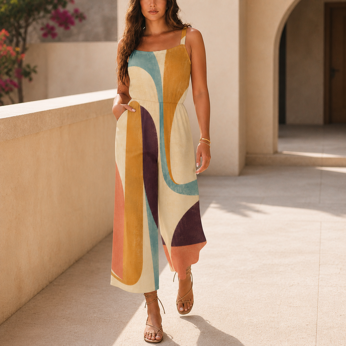 70s Boho Wide-Leg Jumpsuit with Pockets | Mustard Teal Abstract