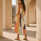 70s Boho Wide-Leg Jumpsuit with Pockets | Mustard Teal Abstract