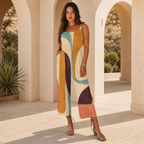 70s Boho Wide-Leg Jumpsuit with Pockets | Mustard Teal Abstract