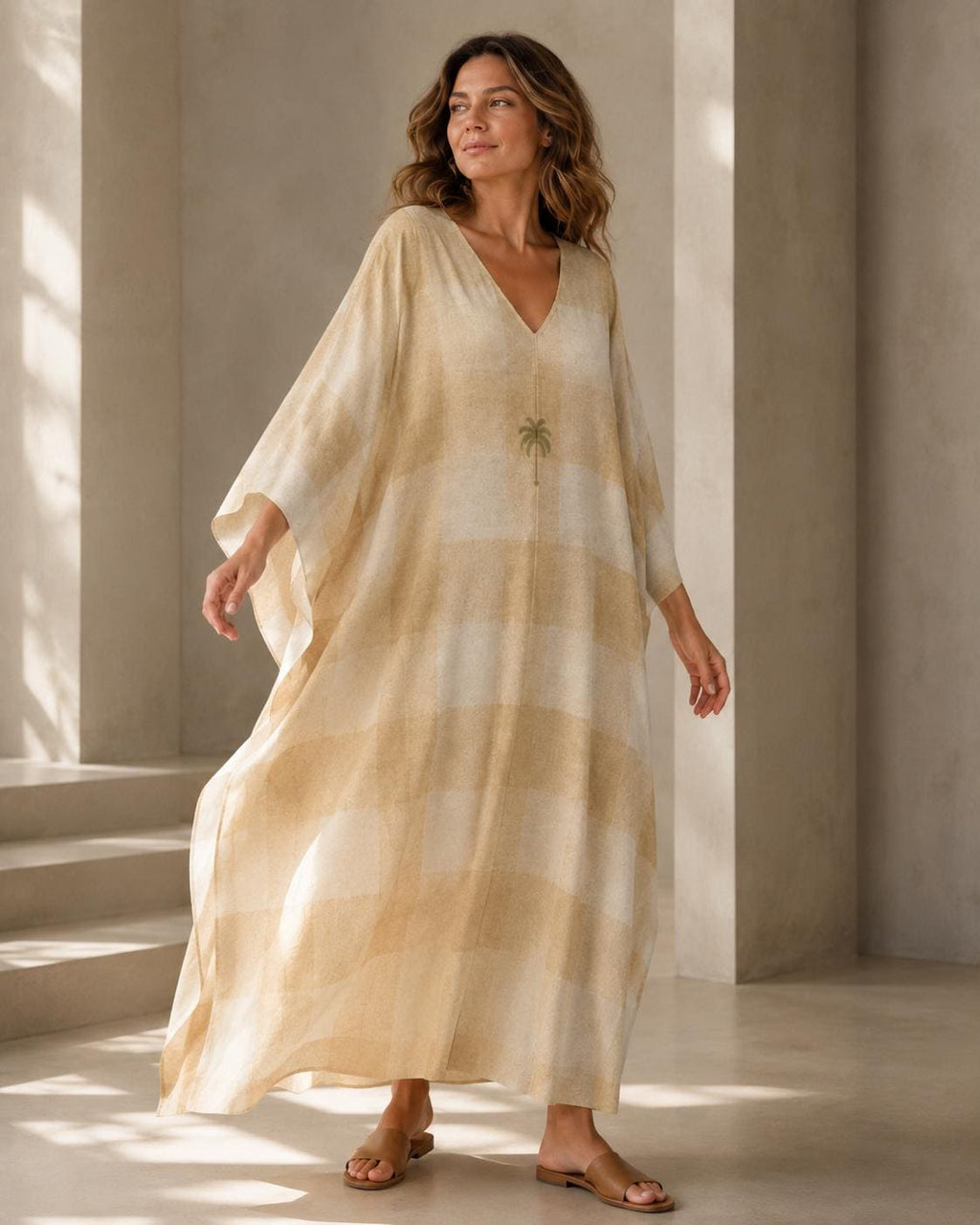 Beige Plaid Kaftan Dress | Oversized Resort Cover-Up