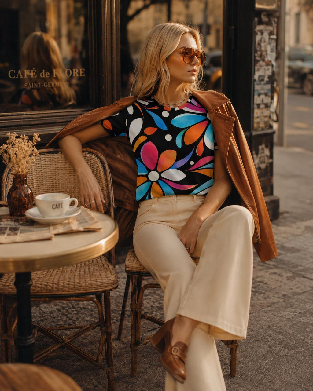 Retro Floral Cotton T-Shirt | Colorful Mod Flower Graphic Tee