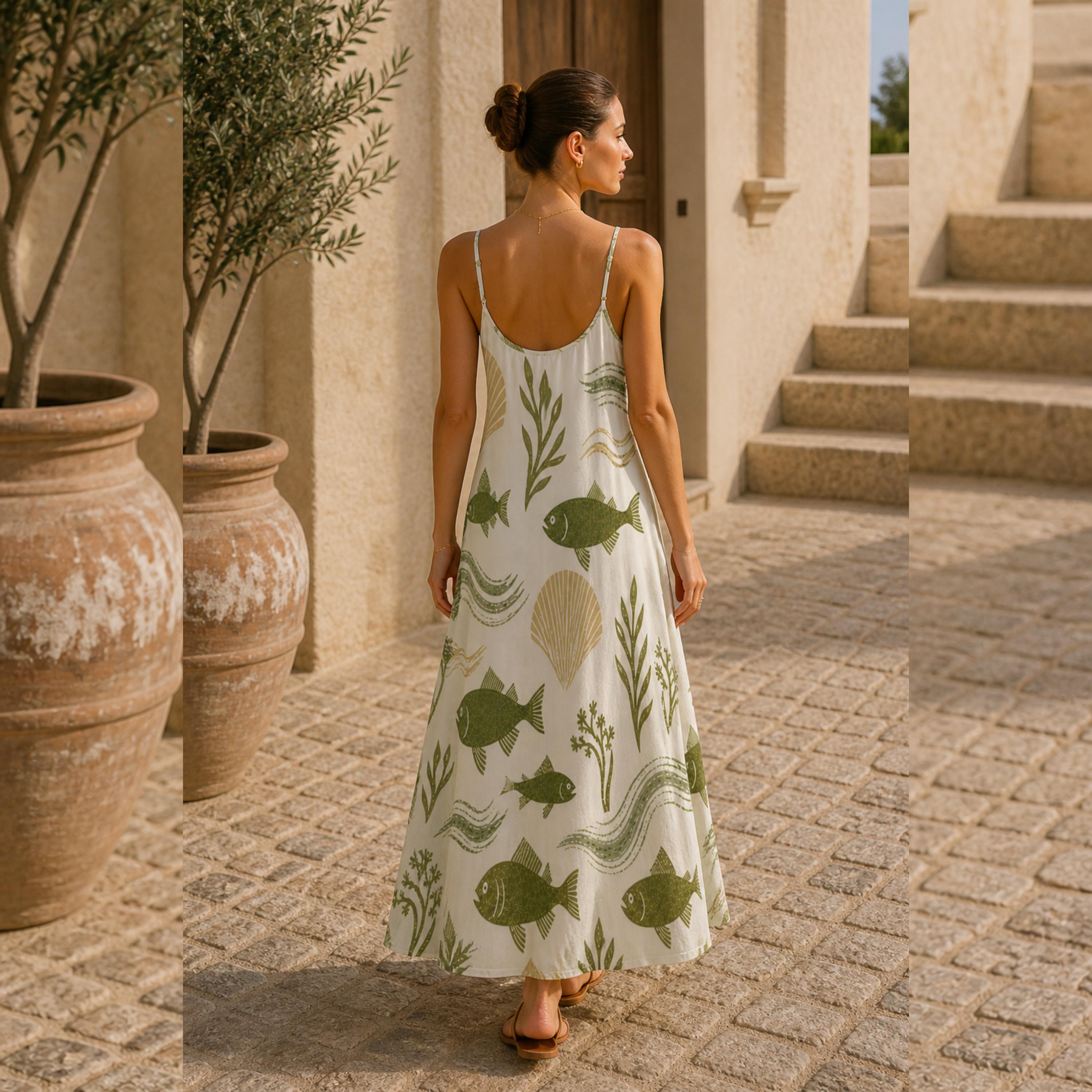 Coastal Fish Print Maxi Dress | Elegant Mediterranean Resort Dress