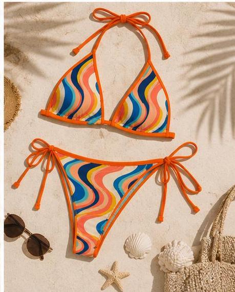 Retro Wave Bikini Set | Orange Trim 70s Triangle Swimwear