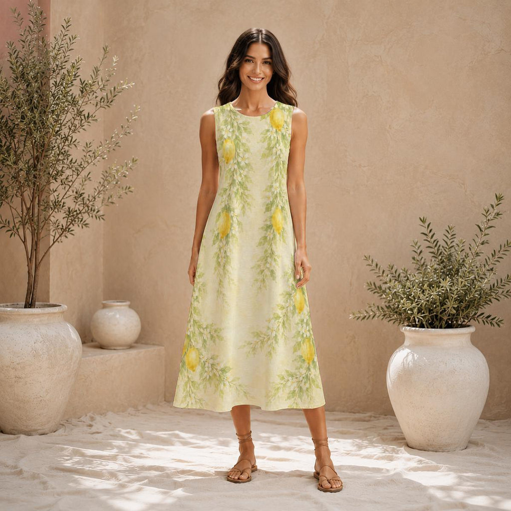 Lemon Floral Cotton Midi Dress | Garden Party A-Line Pocket Dress