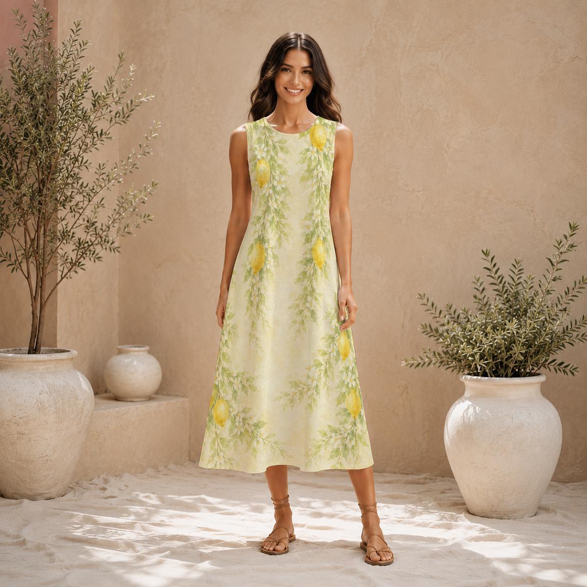 Lemon Floral Cotton Midi Dress | Garden Party A-Line Pocket Dress
