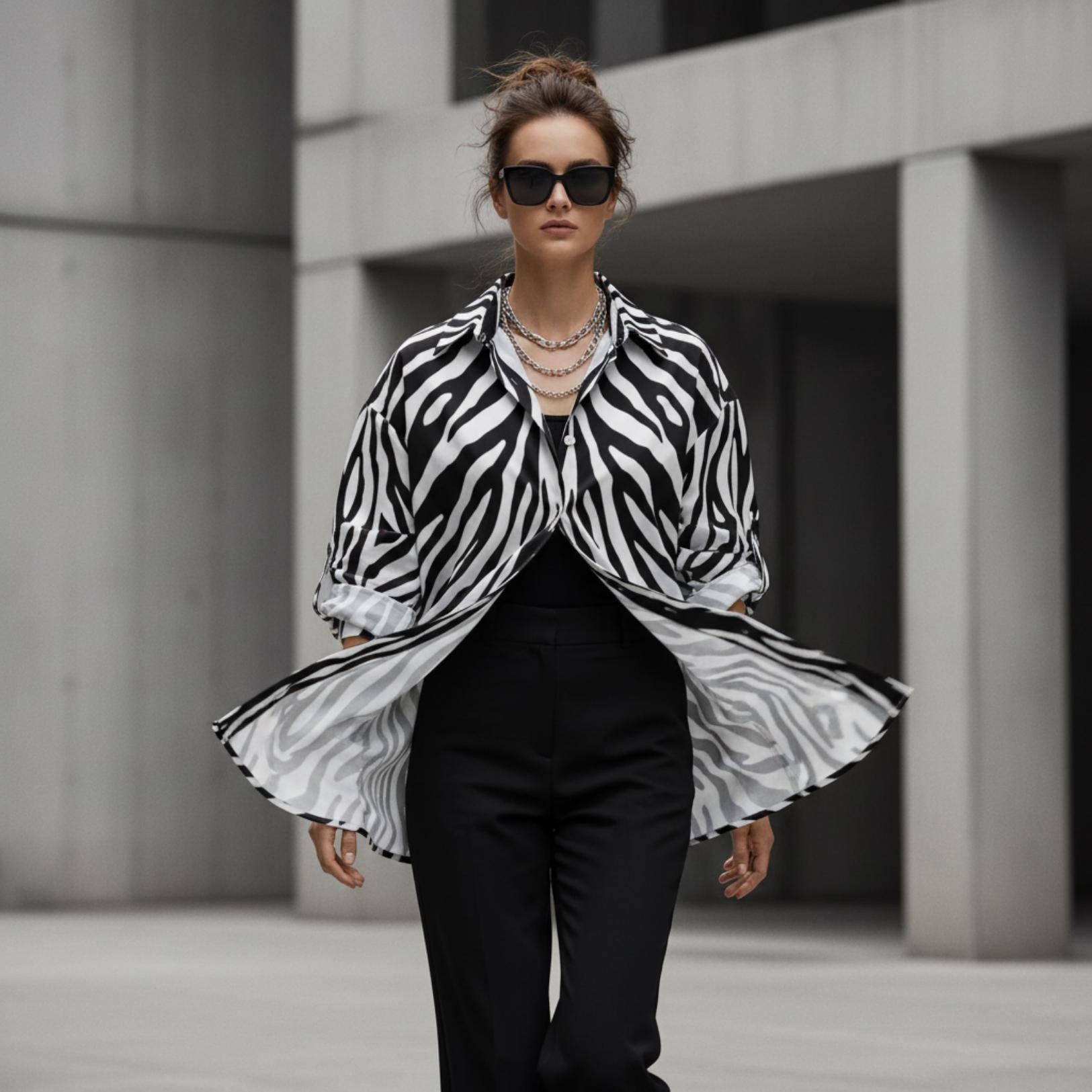 Zebra Print Button-Down Shirt | Relaxed Monochrome Blouse