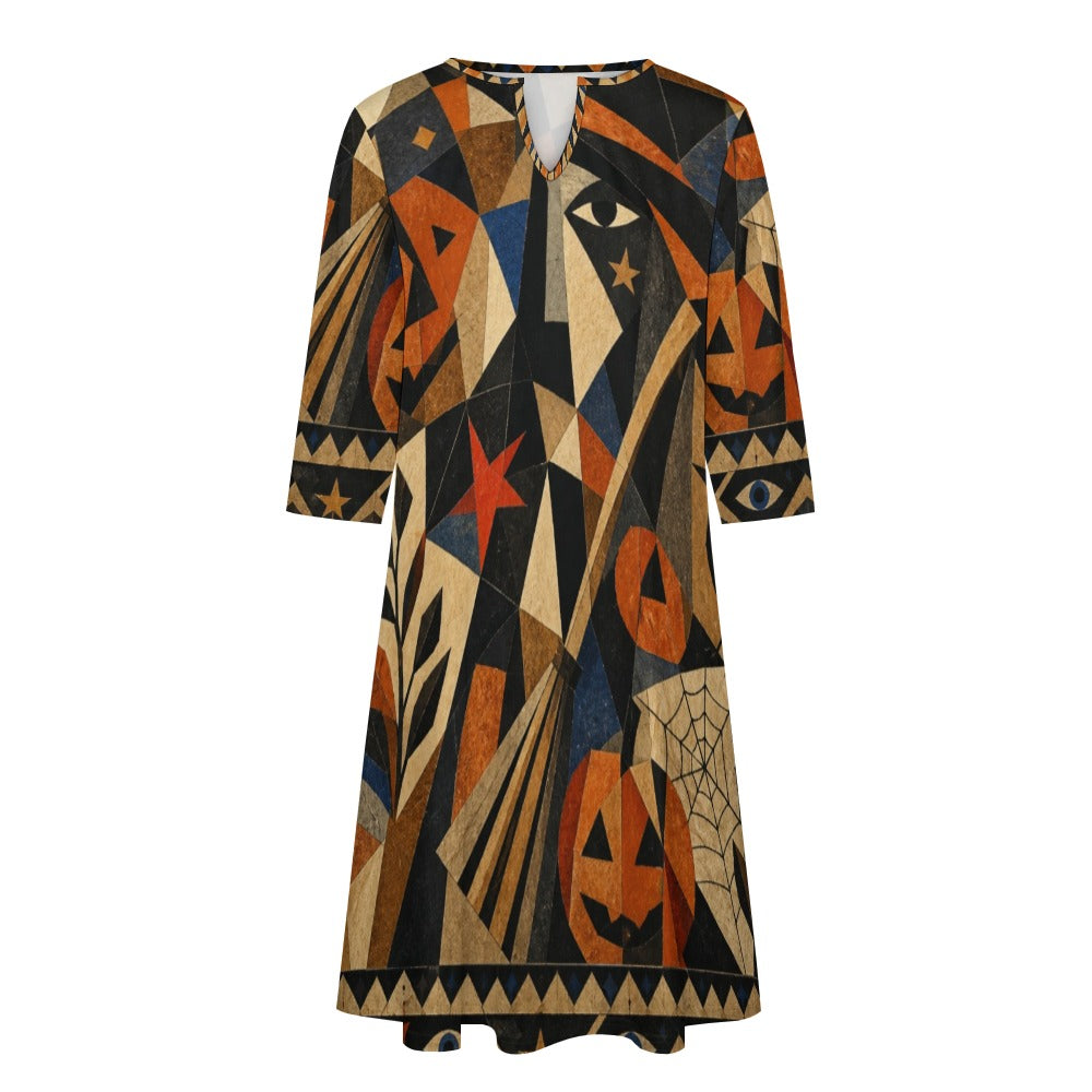 Witchy Geometric 3/4 Sleeve Midi Dress | Orange Black