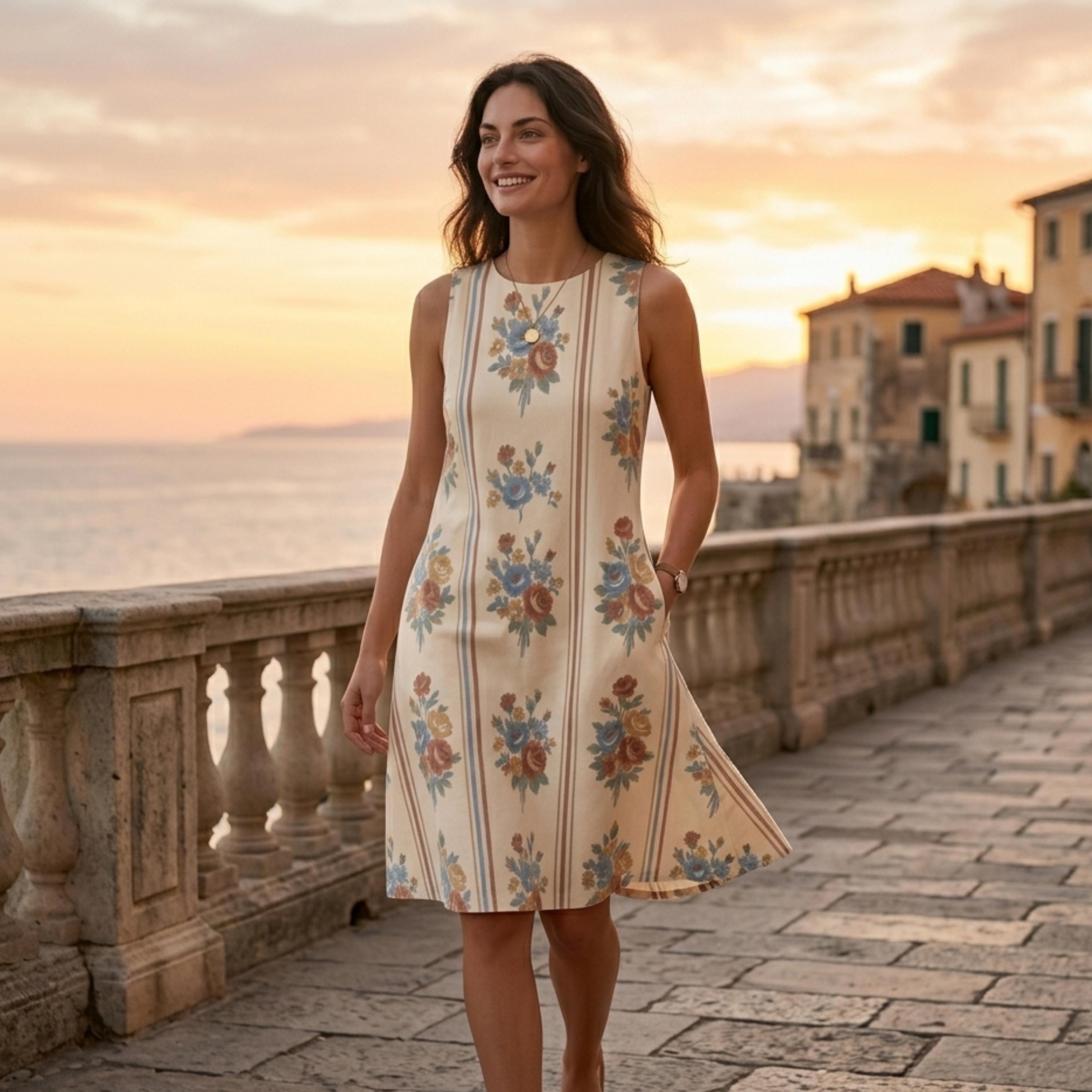 Retro Floral A-Line Mini Dress | Sleeveless Dress with Pockets