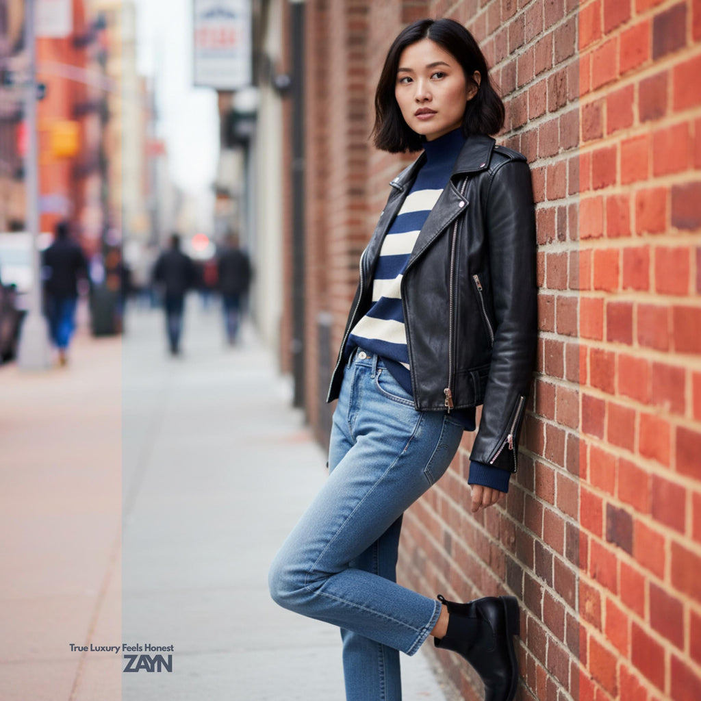 Navy Cream Striped Turtleneck Sweater | Quiet Luxury Winter Knit
