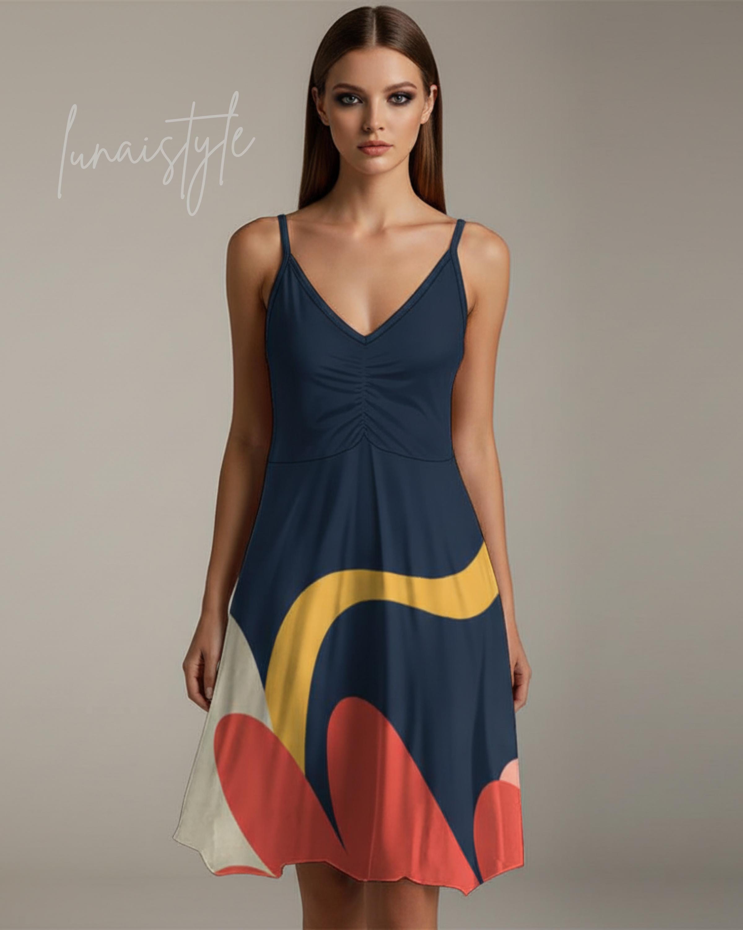 Abstract Midi Slip Dress | Retro Artistic Resort Dress
