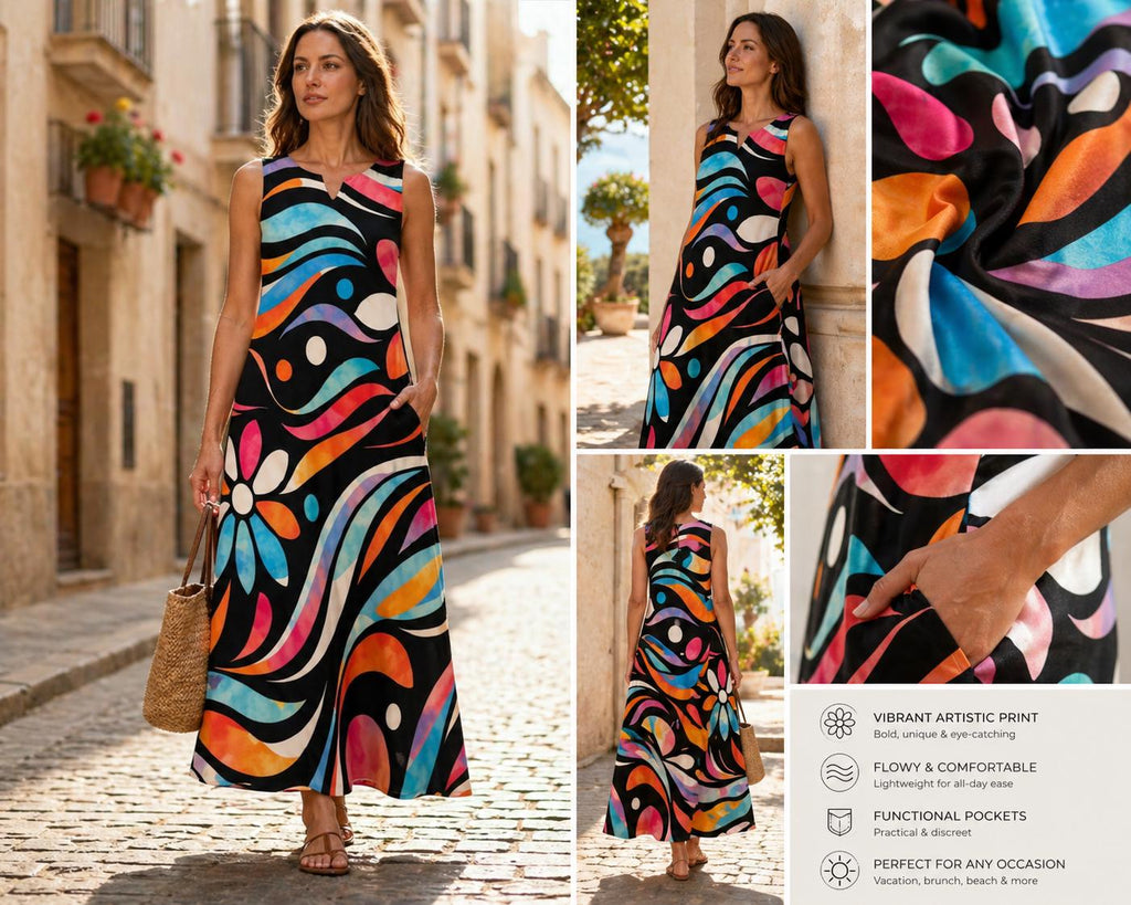 Colorful Artistic Maxi Dress with Pockets | Wearable Art Vacation Dress