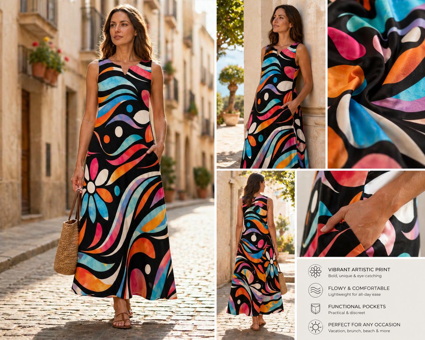 Colorful Artistic Maxi Dress with Pockets | Wearable Art Vacation Dress