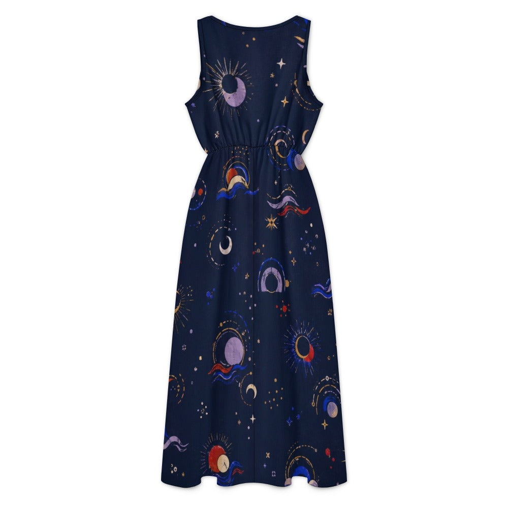 Navy Celestial Floral Maxi Dress with Pockets | V-Neck