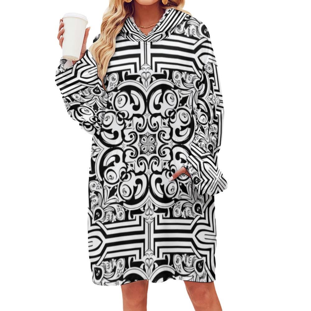 Baroque Hoodie Blanket | Black White Geometric Loungewear
