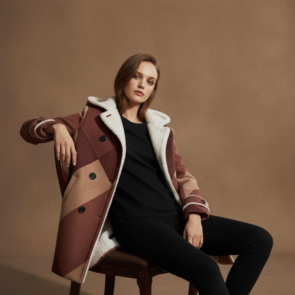 Burgundy Geometric Winter Coat | Fleece-Lined Quiet Luxury Jacket