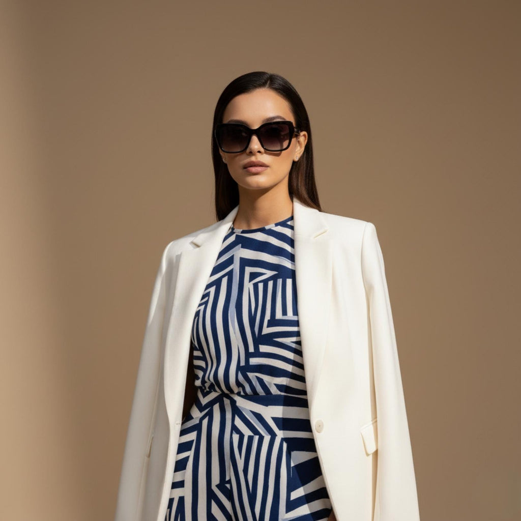 Navy Geometric Midi Dress | Modern Art A-Line Statement Dress