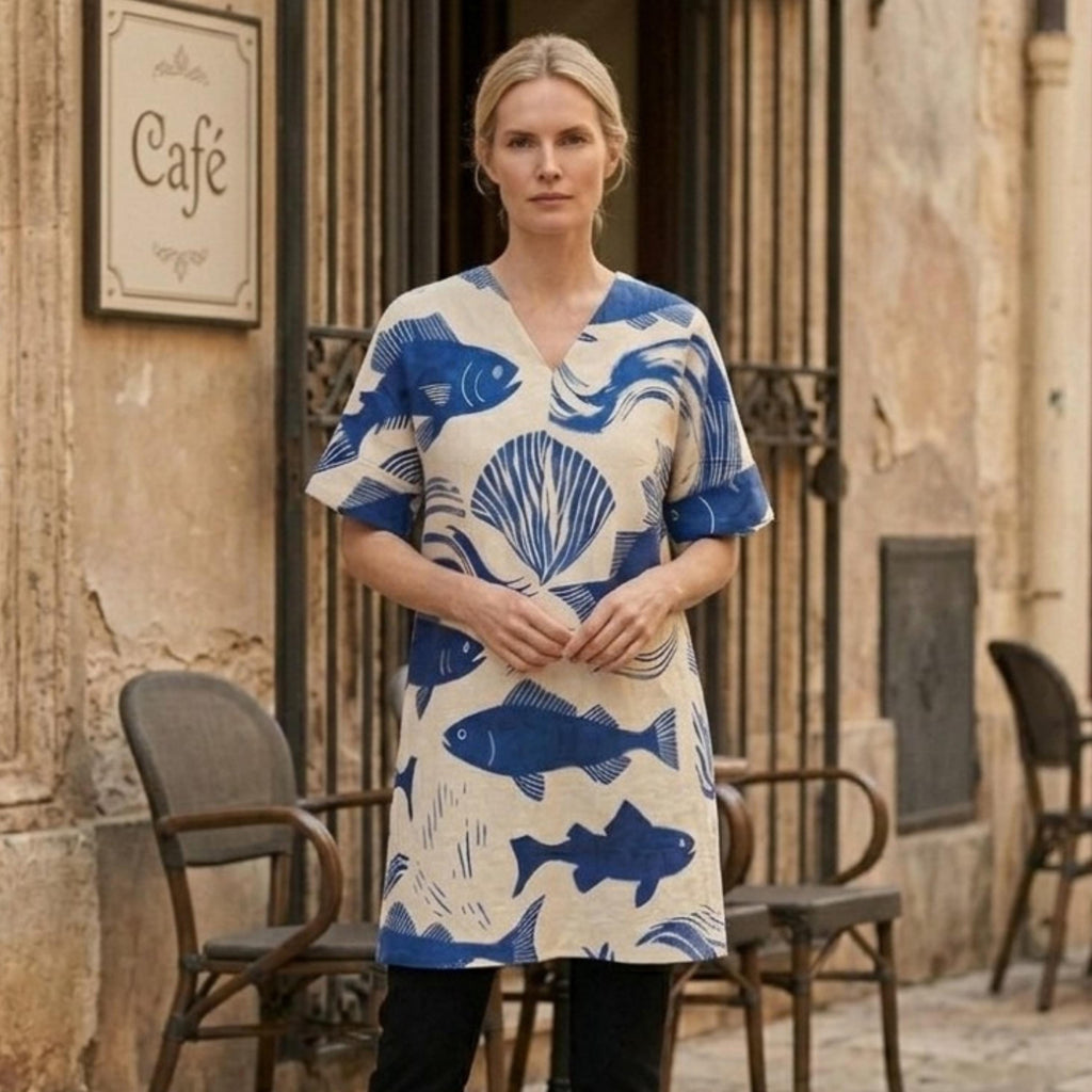 Coastal Fish Print Tunic Dress | Relaxed V-Neck Beach Dress
