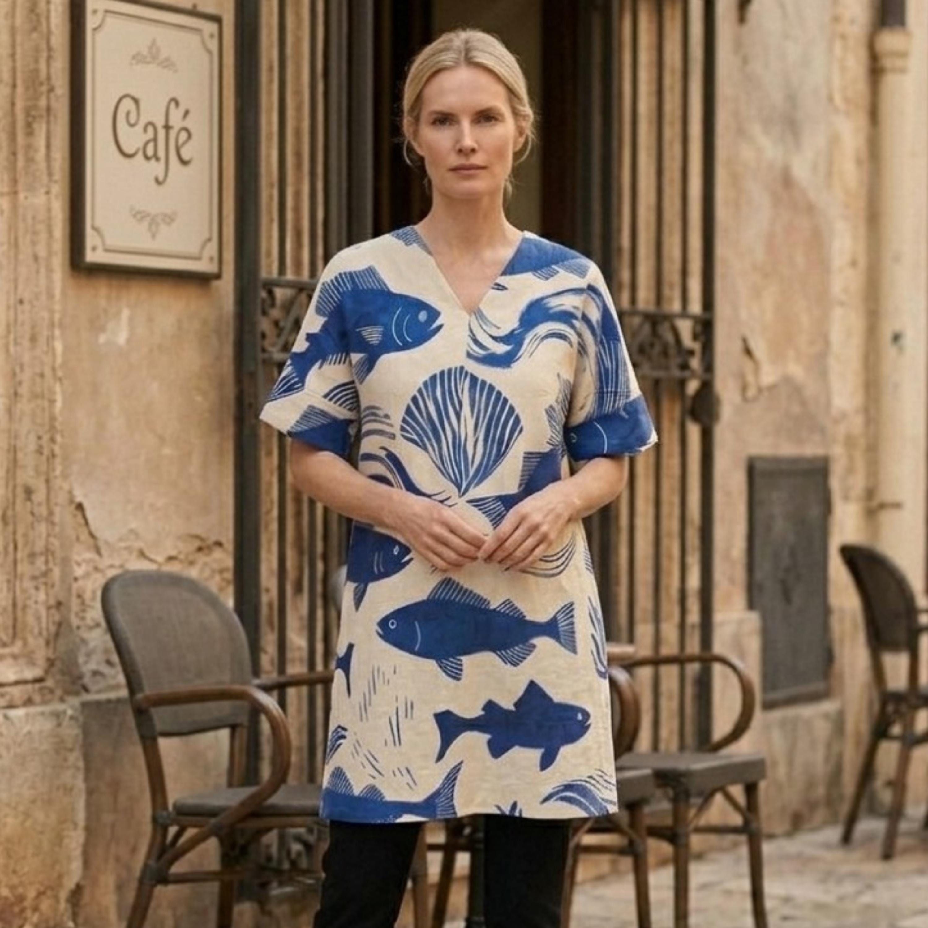 Coastal Fish Print Tunic Dress | Relaxed V-Neck Beach Dress