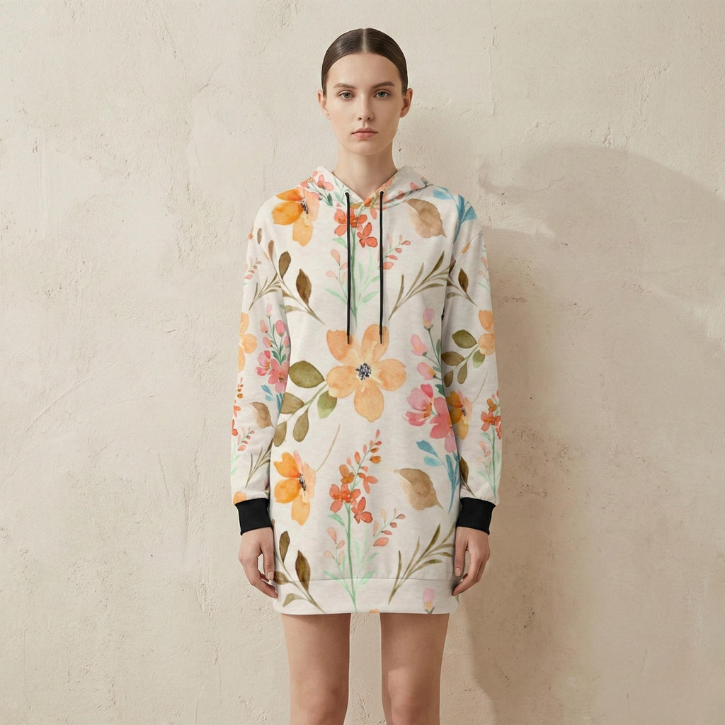Watercolor Floral Hoodie Dress | Long Sleeve Casual Sweatshirt Dress